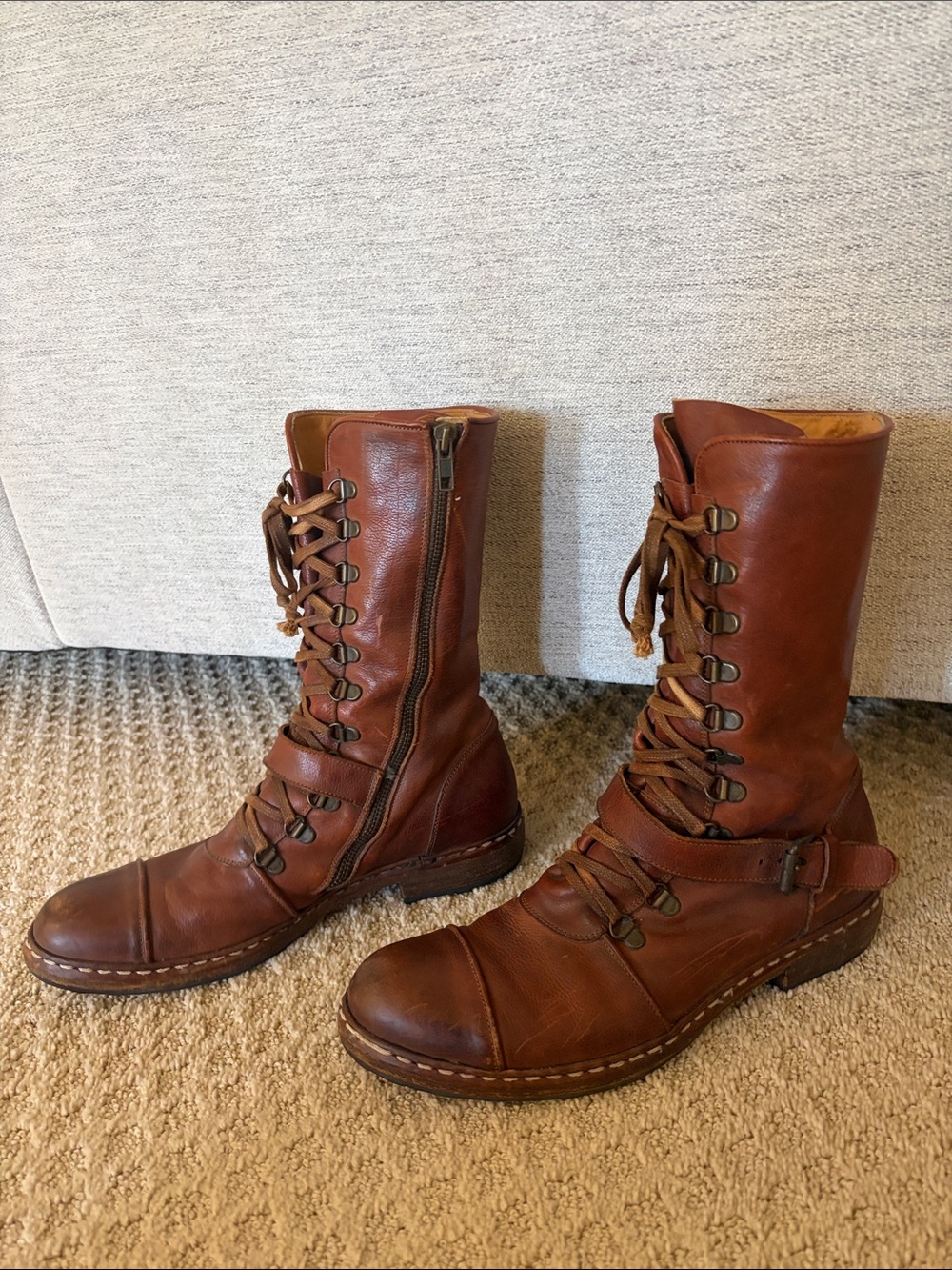 Officine Creative Womens Cognac Leather Lace-Up Combat Boots 39